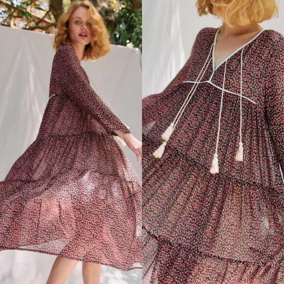 Christy Dawn The Paloma Midi Dress Pink Comfrey Ditsy Floral Printed Flowy Large - Picture 3 of 9